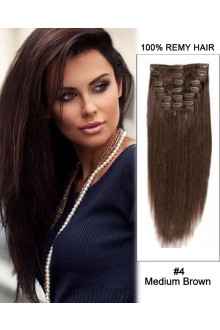16” 7pcs #4 Medium Brown Straight 100% Remy Hair Clip In Human Hair Extensions